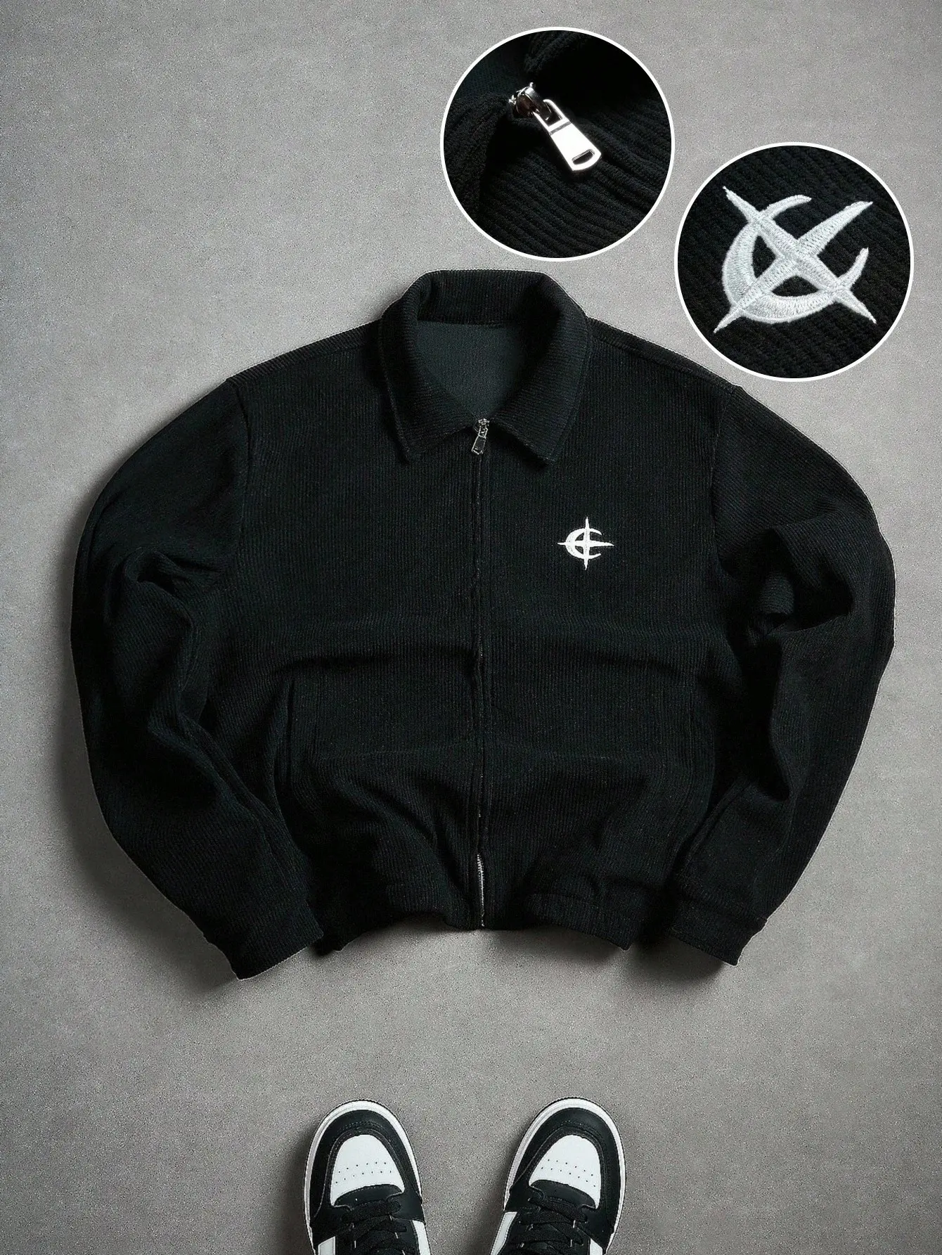 One men’s jacket featuring a turn down collar, full zipper, and embroidered logo; urban casual style with refined corduroy vertical texture and a white embroidered identifier at the chest; soft, supple fabric suitable for men’s shopping, exploring shops,
