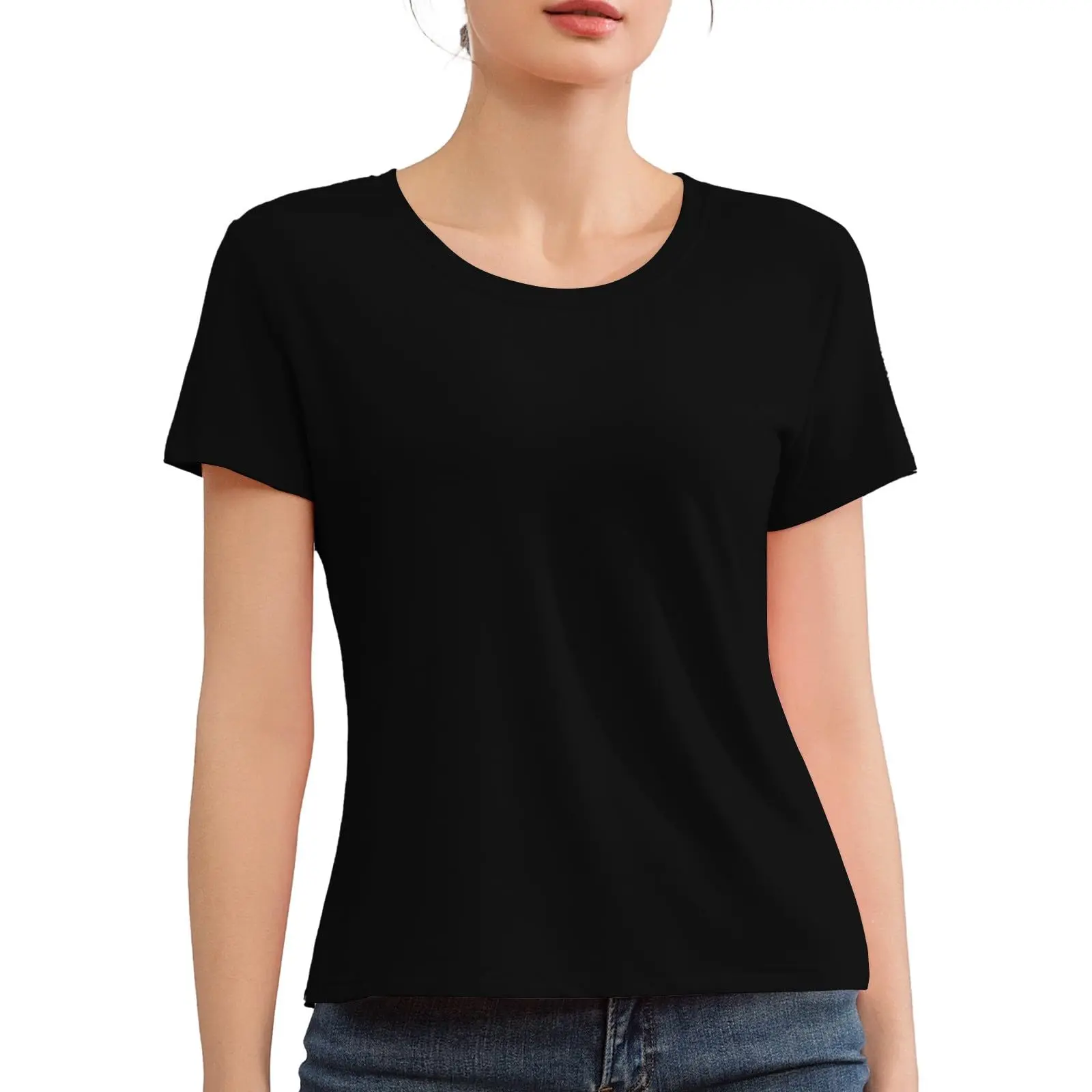 Women's Shortsleeve Crewneck Plain Cropped T-Shirts, Casual Summer Basic Petite Tops, Round Neck