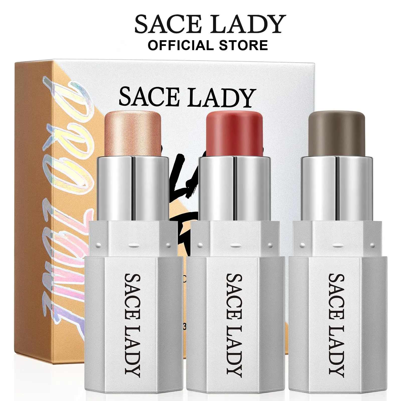 SACE LADY Face Stick Trio,Highlighter, Bronzer & Blush Sticks Collection,Long Lasting All-in-One Makeup Stick for Face for All Skin Types 10g/0.35Oz*3