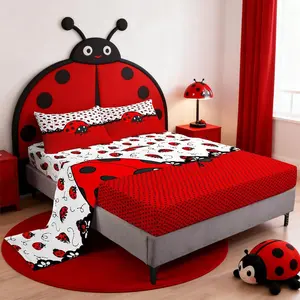 Feelyou Ladybug Dots Bedding Set - Cartoon Look Red-Black Entomology Design, Deep-Pocket Fitted Sheet, Vivid Natural Top Flat Sheet, Multi-Size for Kids' Room Decor, Bed Sheets