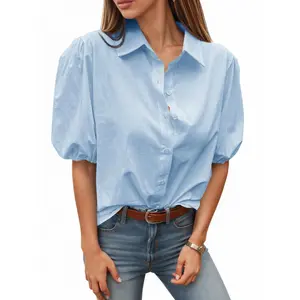 Tankaneo Women's Button Down Shirts Short Puff Sleeve Collared Dressy Casual Blouse Tops