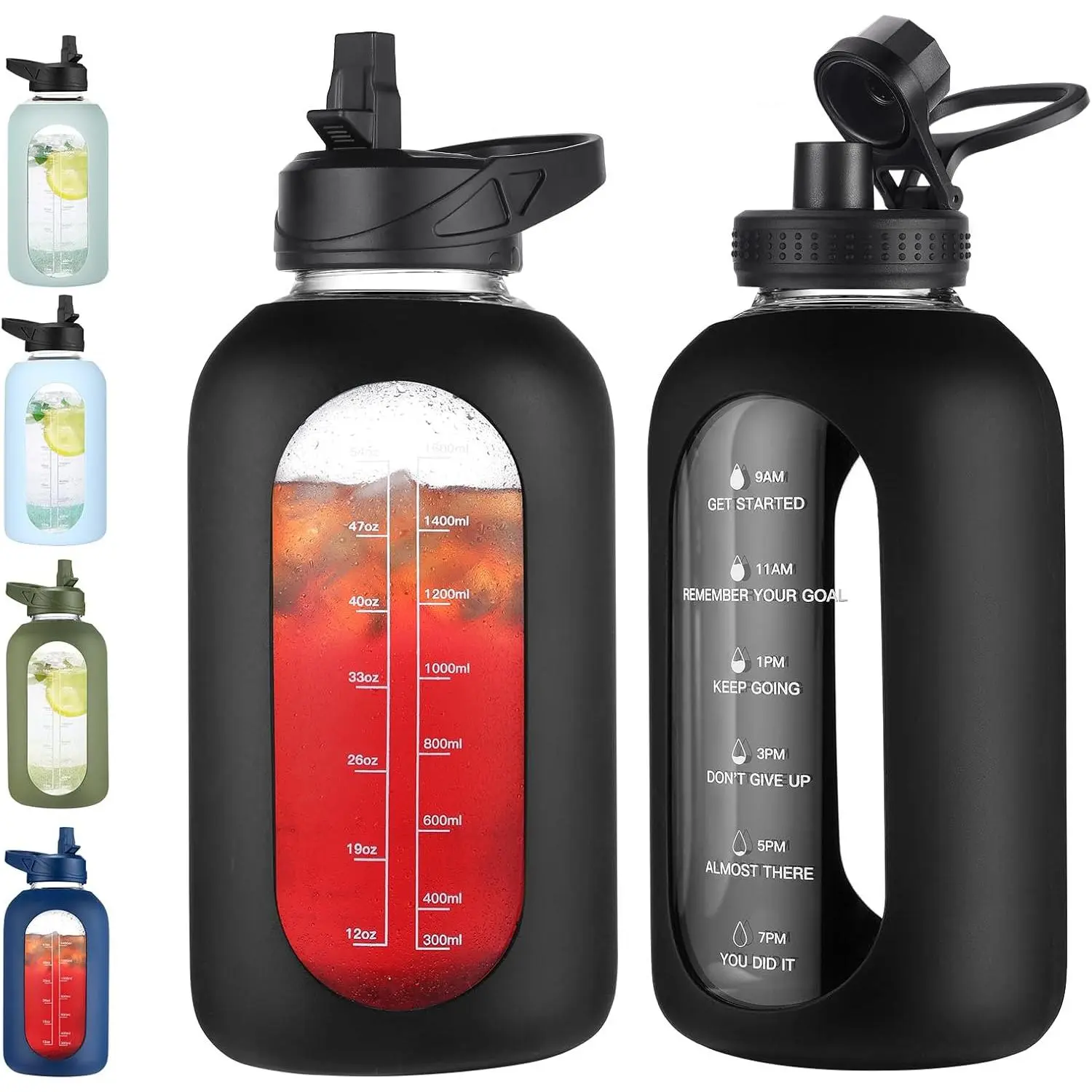 64 oz Glass Water Bottle With Straw and Handle, Half Gallon  Motivational Water Jug Flask with  Sleeve, Large Water Cup with Time Marker for Travel, Gym, Black