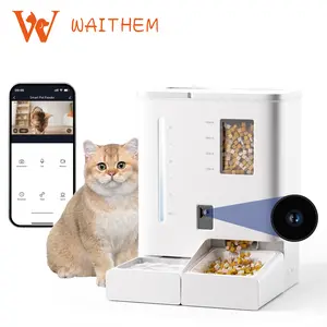 WAITHEM  Automatic Cat Feeder with Camera 2K HD Video and Night Vision 5G/2.4GHz WiFi with App Operation Feeder&Waterer 2-in-1 Set for Pets 123 oz Water&176 oz Food Capacity for 2 Weeks Detachable for Cleaning