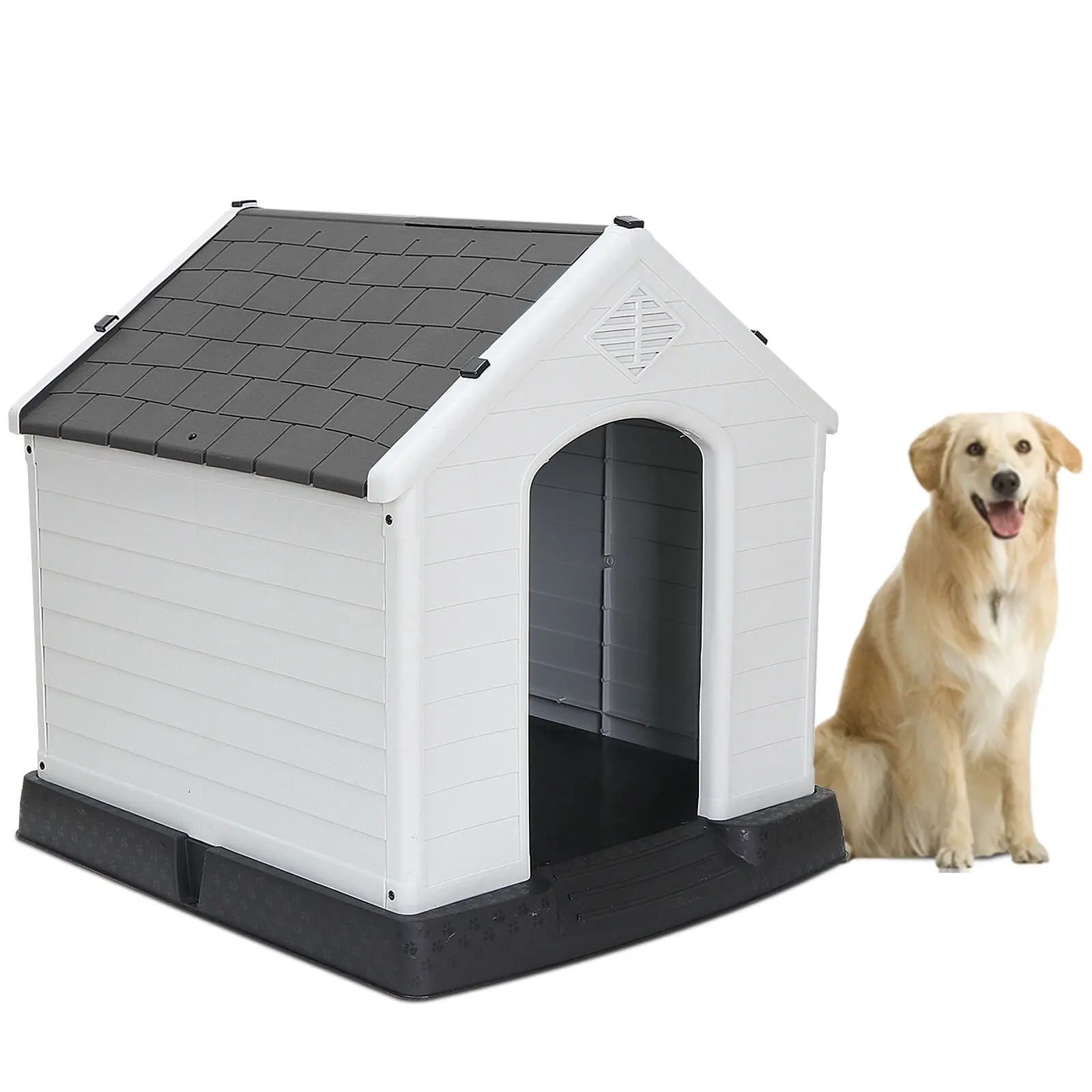 Segawe 32" Large Plastic Dog House - Waterproof, Moisture-Free Dry Shelter with Gray Top, Elevated Floor, Nail-Down Stability, Stable Ground Hold, Fast Assembly Kit, Detachable Parts Clean Fast for Indoor/Outdoor Use (All Dog Lifestages), Detailed Manual,