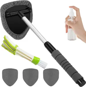 Windshield Cleaning Tool, Microfiber Car Window Cleaning Tool with 4 Reusable,Washable Microfiber Pads,Extendable Handle,Auto Interior Exterior Glass Wiper Car Glass Cleaner Kit,Car Cleaning Supplies Sponges microfiber towel pad