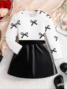 Girls' Spring & Fall Casual Dress Set, Bow Print Long Sleeve Top + PU Leather Pleated A-Line Skirt, Age 4-8 Years, Clothes Kids