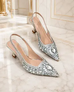 Luxury Crystal Pearl Pointed Toe Slingback Heels for Women, Electroplated Sculpted Heel, Elastic Back Strap, Sparkly Dress Pumps for Wedding, Party, Date Night & Evening Elegant Footwear Girl Classy Nail