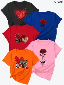 Summer New Letter Heart Print Short Sleeve T-Shirts, 5 Pcs Set, Blue, High-Quality Women's Sports Tops, Casual Fitted Style