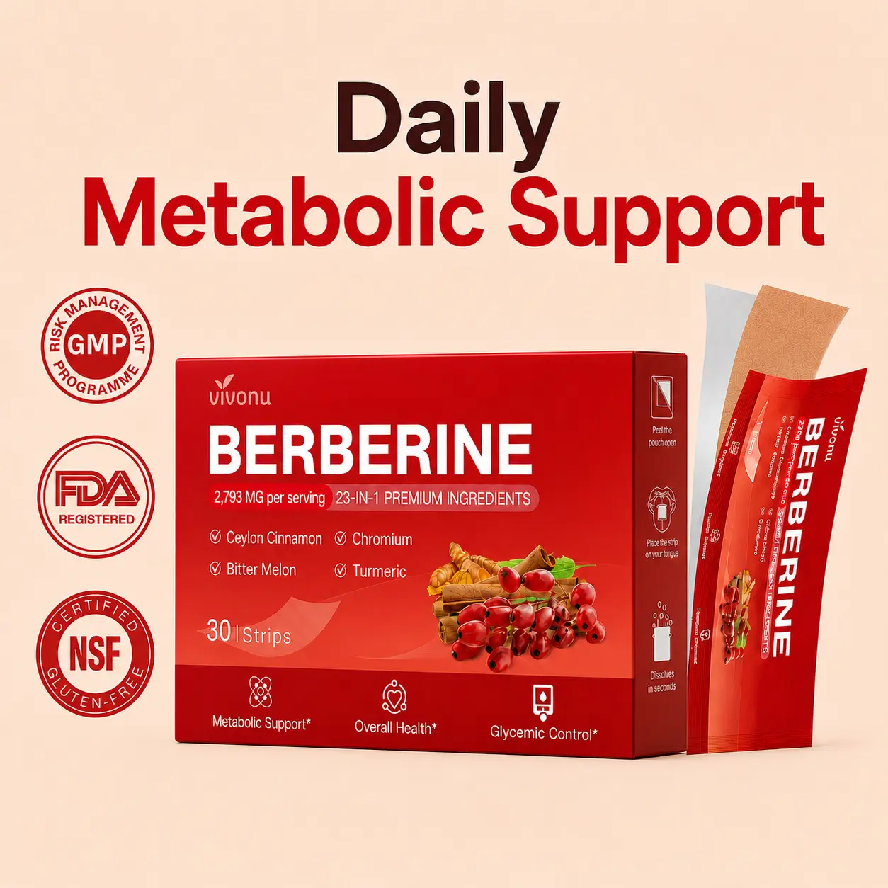 VIVONU 23-in-1 Advanced Berberine Oral Dissolvable Film - Botanical Blend with Ceylon Cinnamon, Chromium, Bitter Melon, Turmeric - 3x Higher Bioavailability, Supports Adults’ Healthy Metabolism, Balanced Blood Glucose, Daily Maintenance, Blood Sugar Regul