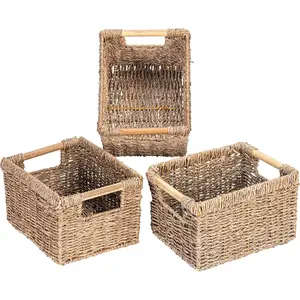 Small Wicker Baskets for Organizing Bathroom, Seagrass Baskets for Storage, Wicker Storage Basket with Wooden Handle, Decorative Wicker Small Basket 10.3 x 7.7 x 6.3 inches - 3 Pack
