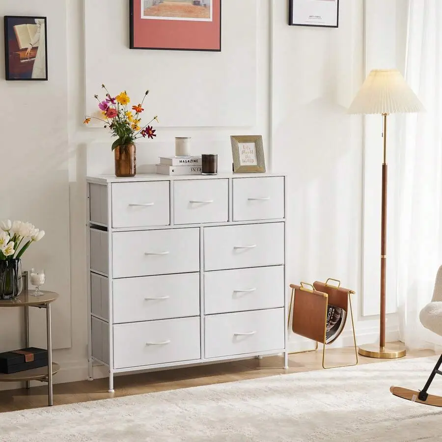 OLIXIS Mini Dresser Bedroom Furniture - Tall 9-Fabric-Drawer Storage Tower with Cabinet, Metal Frame, Wooden Top, Lightweight Organizer for Clothing, Closet, Nursery