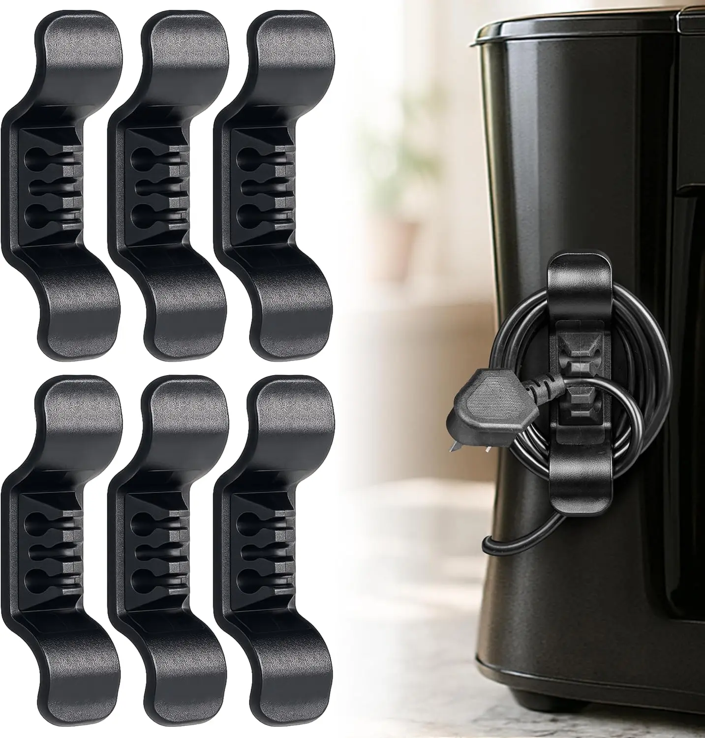 Cord Organizer for Appliance Stick On- Kitchen Appliances Cord Winder, Convenient Cord Wrapper for Mixer, Air Fryers, Juicers, Coffee Machines, Blender, Air Fryers, Black 6Packs