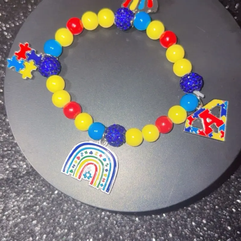 Autism Awareness Charm Bracelet with Colorful Beads and Rainbow Pendant for Support and Visibility