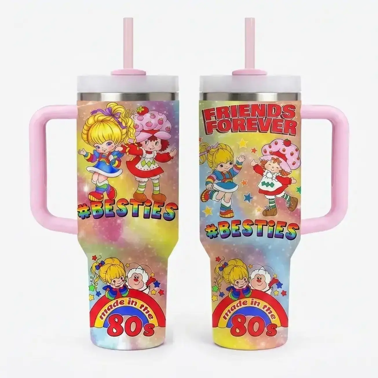 [No Straw] 40oz/ 20oz 80s Cartoon Strawberry & Rainbow Insulated Tumbler with Handle and Straw, Double Wall Vacuum Insulated Travel Mug, Trendy Collector Drinkware