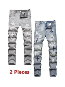 2-Pack Ripped Jeans Men's Slim Fit Distressed Classic Grey And Blue Denim Pants Comfort & Versatile Casual Style for All-Season Wear Trousers