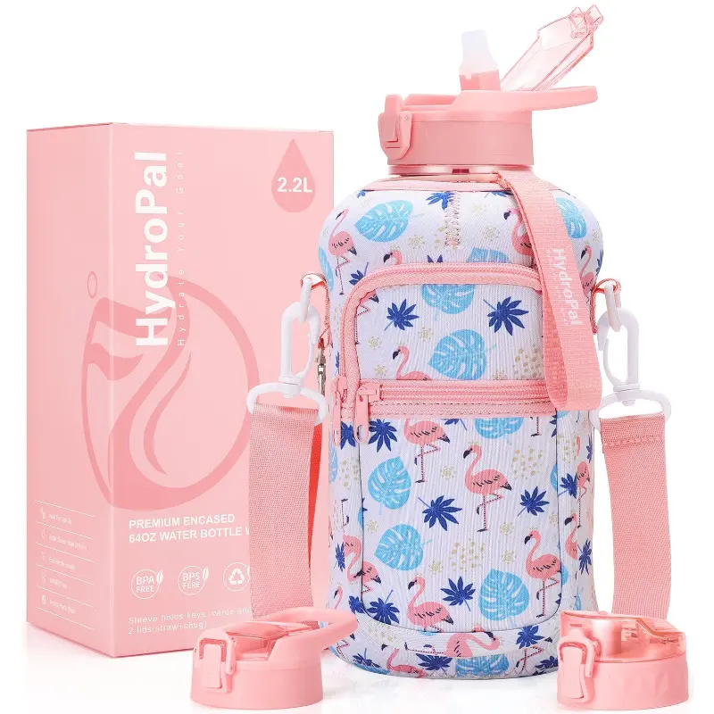 HydroPal 2.2L Leakproof Sporty Portable Water Bottle - 2 Lids (Straw, Chug), Water Bottle Carrier, Storage Sleeve, Carry Strap - BPA-Free for Gym, Hiking