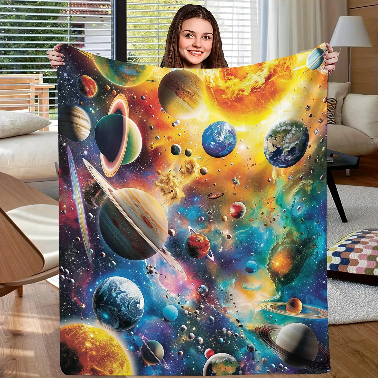 200-250g Cosmic Galaxy Throw Blanket - Soft 100% Polyester Flannel Fleece, All-Season Comfort, Digital Space Planet Print, Knitted Lodge Style Decor, Lightweight, No Embellishment