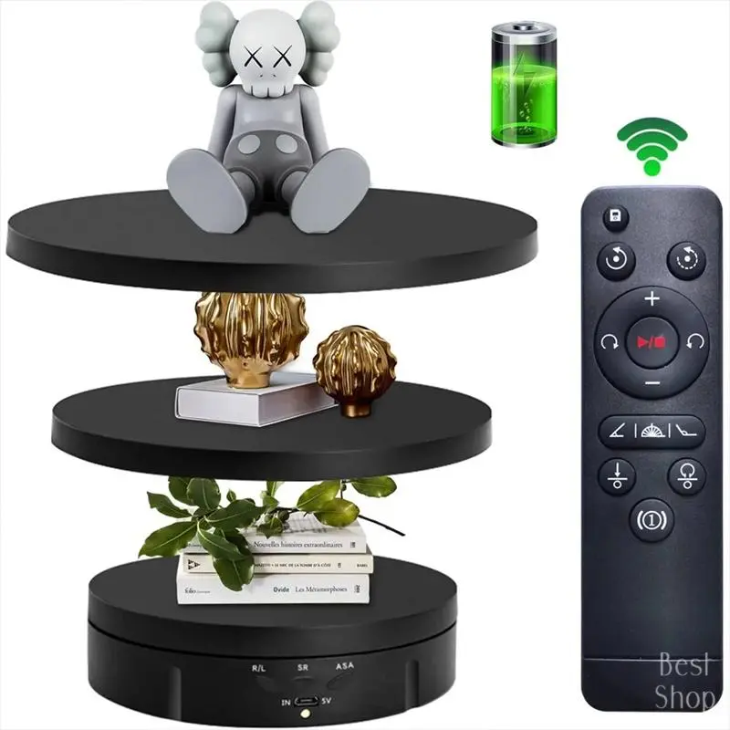 Newly Upgraded 3-in-1 Adjustable Organizer Electric Turntable - 3-Layer Display Plates, 360-Degree Rotation, Portable Rechargeable Remote Control Rack, 4-7H Long Battery Life, for Product Photography (Indoor Recreation Equipment)