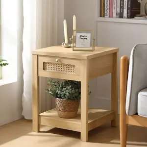 Boho Nightstand Rattan Nightstands Side Table End Table with Drawer and Open Storage Shelf, Bed Side coffee Tables Bedroom for Home Furniture vintage