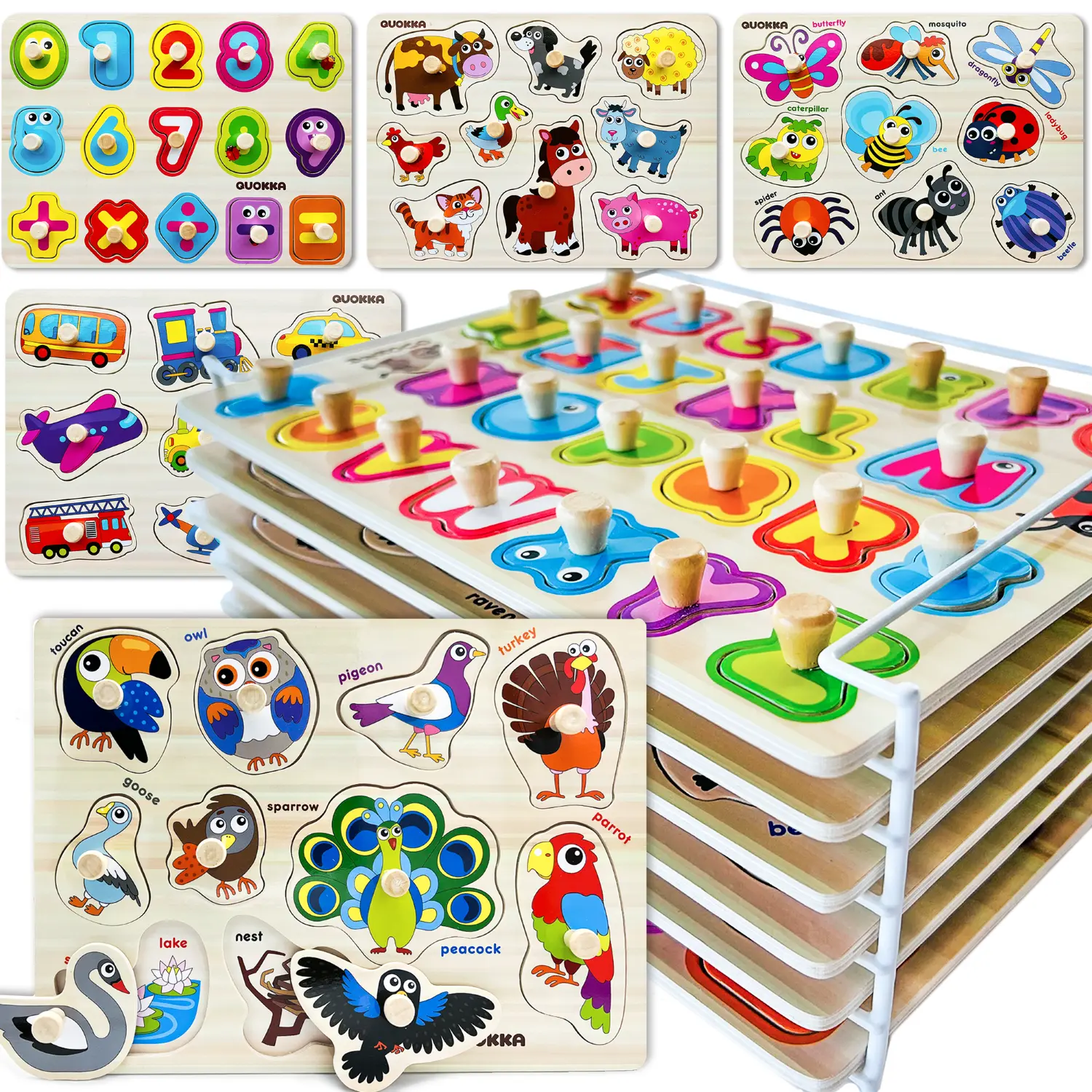 QUOKKA 6-Pack Wooden Jigsaw Puzzles with Rack - Colorful Blocks, Shape Recognition, Wooden Stacking for Toddlers Ages 1-4 (Alphabet, Numbers, Animals), Colorful Blocks Puzzle, Shape Recognition Puzzles