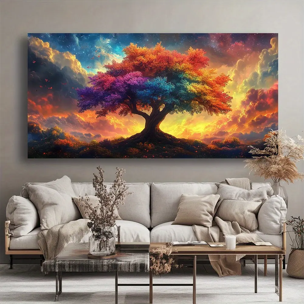 High-Quality Framed Abstract Landscape Canvas Wall Art - Rainbow Tree Modern Print, Solid Wood Frame Multi-Size Home Decor, Decoration for Living Room, Office, Living Room Decor