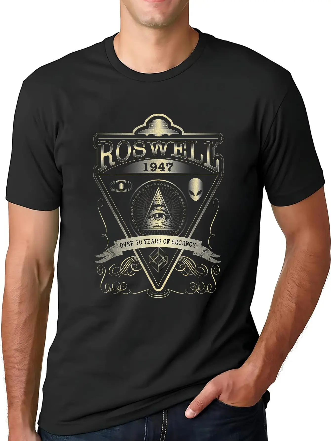 Men's 100% Cotton Short-Sleeve Round Neck Streetwear Top - Distressed Playful Graphic Tshirt, Whimsical Roswell 1947 Alien, Vintage UFO, Area 51 Casual Wear, Shortsleeve, Hilarious, Graphic Print, Casual Fit, Funny Print, Clothes, Machine Washable, Menswe