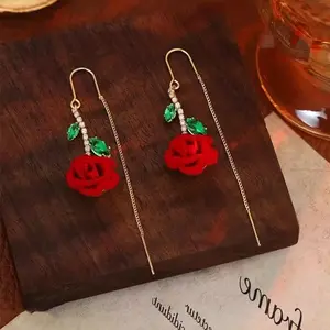 Red Rose Vintage Earrings for Women 2025, Elegant Retro Design, Long Slim Tassel Minimalist Chic Jewelry DZEH4534 Sparkling Crystal Accents