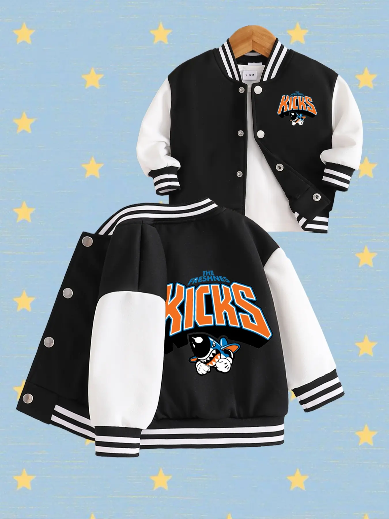 Boys' Shark Print Baseball Jacket, Casual Comfy Jacket, Casual Fitted Outerwear, Spring & Fall Cartoon Pattern, Trendy School Wear, Kids Fashion Clothing