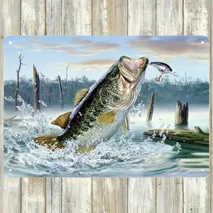 [2D Flat] 1Pc Fishing Bass Jumping Scene 8X12 Inch Aluminum Sign Outdoor Fishing Theme Wall Decor For Home, Cabin & Fishing Enthusiasts