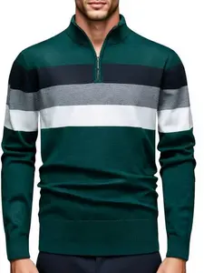 Single-piece half-zip men's sweater with stripes and patchwork, fashionable autumn and winter men's clothing