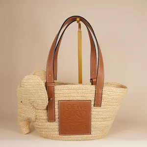 Pre-owned Loewe Raffia Shoulder Bags Tan Medium Elephant Basket Tote