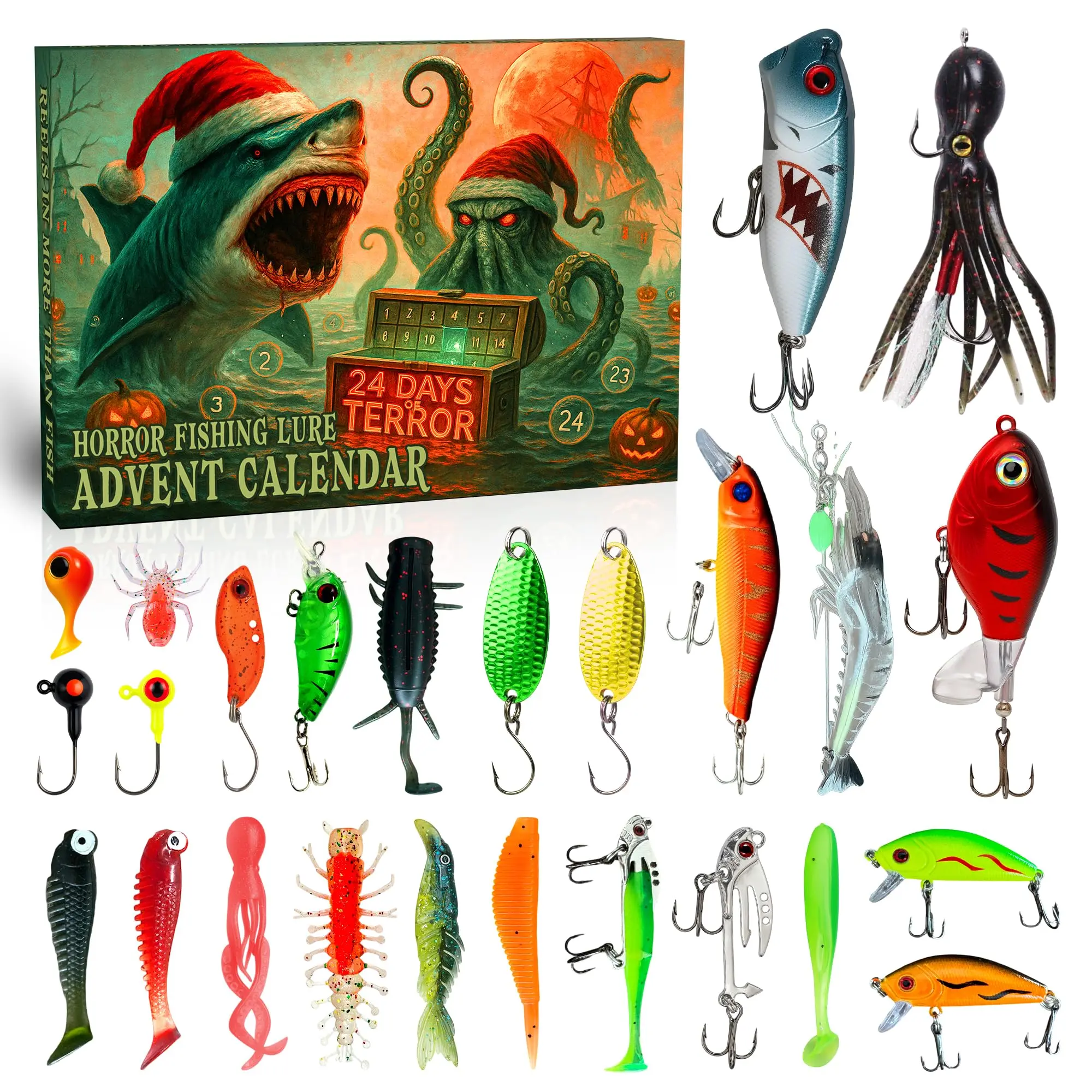 【Funewest】 Fishing Advent Calendar 2026, Spooky Halloween Lure Set with 24 Horror Fishing Baits, Christmas Countdown Gift for Adult Men Fishermen Father Boyfriend Outdoor Lover