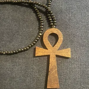 Wooden Ankh Pendant Necklace with black wooden beads