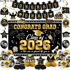 Class of 2026 Graduation Party Decorations Set, Complete Black & Gold Grad Decor Kit with Backdrop & Balloons, Elegant Congrats Grad Banner for High School & College, Aesthetic Graduation Supplies for Home & Classroom, Summervibes - 2026 Edition