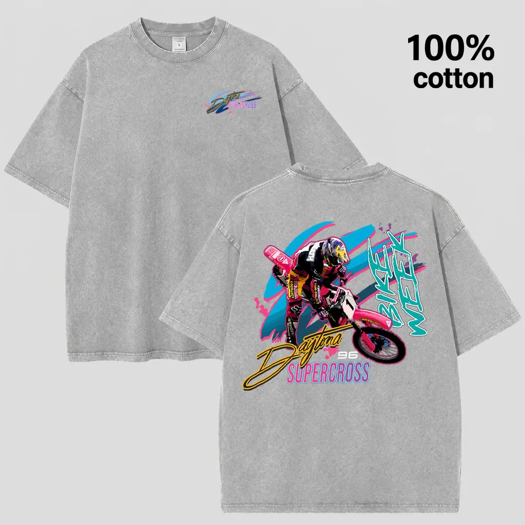 Men's Retro 90s Daytona Bike Week Motocross Casual Round Neck Short-Sleeve Tshirt - Distressed Black-Acid Wash Oversized Racing Menswear Top, Graphic T Shirts, Streetwear, Mens Clothing, Vintage Graphic Tees, Men's Graphic Tees