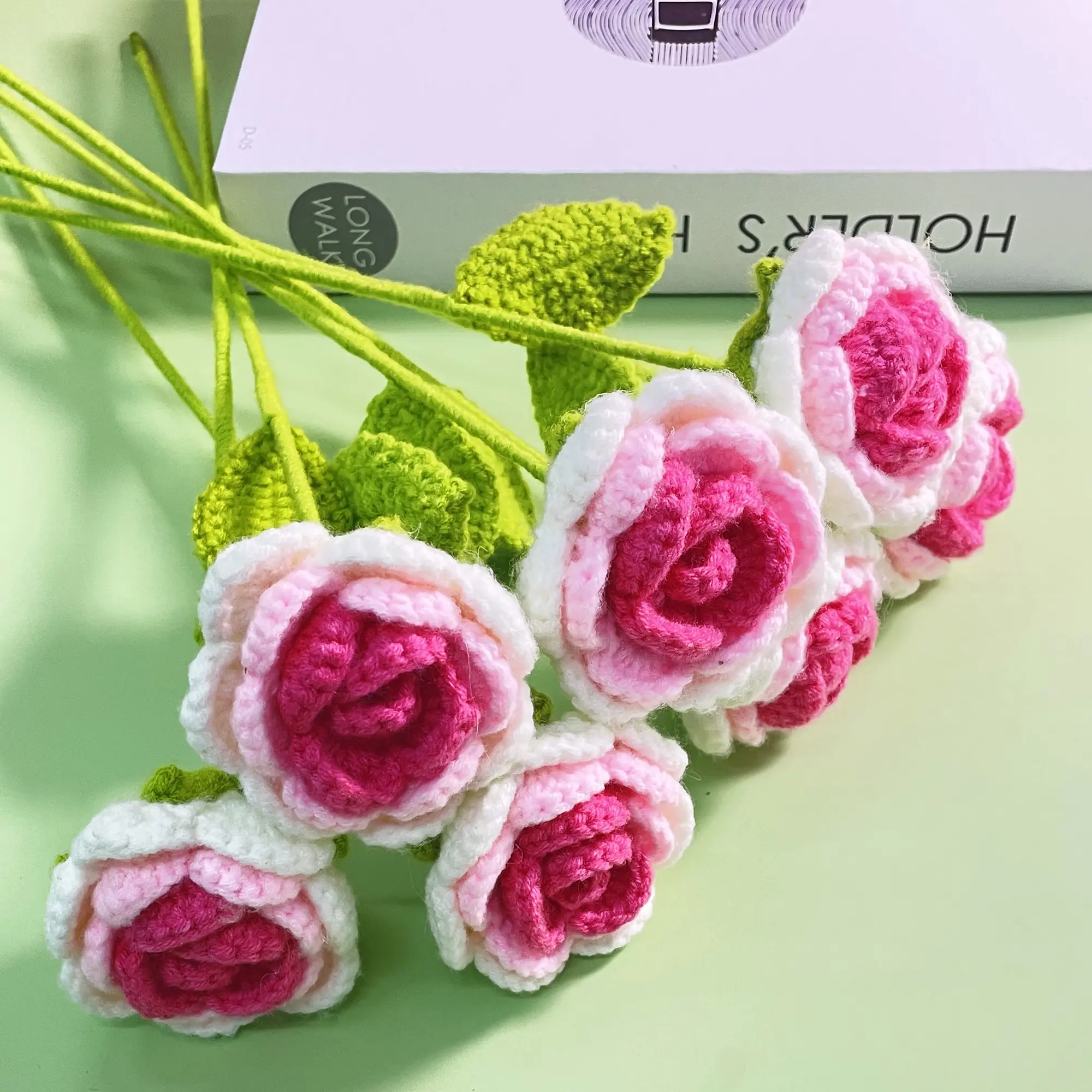 Crochet Artificial Flowers - Handmade Soft Craftwork Wool Yarn Bouquet (3pcs/7pcs, 40cm×8cm, 2 Colors), Decorative Ornaments for Wedding Floral Decor, Study Gifts