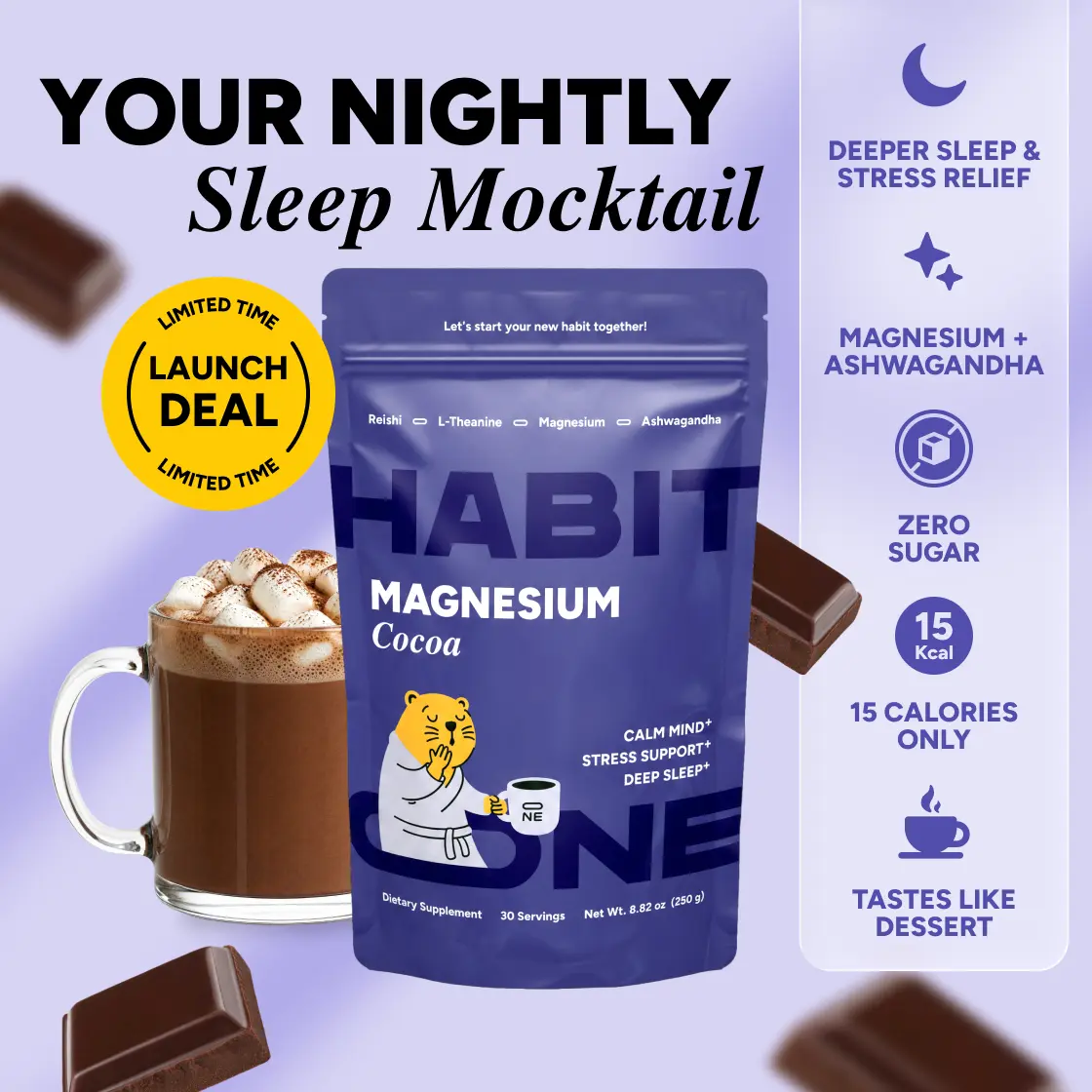 HabitONE Magnesium Mushroom Cocoa | 30 Servings | Ashwagandha, Reishi, Zinc, L-Theanine, L-Glycine, Chamomile, Jujube & Cinnamon