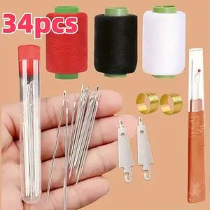 34-Piece Large-Eye Needle Kit for Seniors, Includes 3 Polypropylene Threads (//) & Storage Tube, Ideal for Home Embroidery