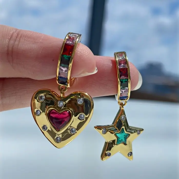 18K Real Gold Plated Dainty Heart & Star Rhinestone Drop Dangle Earrings Heart Shaped Lightweight Gold pendant earring flat back christmas earring ladybug  earrings Women's Elegant bow earring Double-Heart Shaped