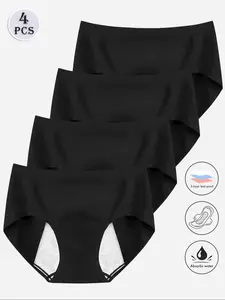 4-Pack of Women's Menstrual Period Panties in Solid Color, Minimalist Design, Hip-Covering And Leak-Proof, High-Elasticity Seamless Mid-Waist Briefs, Period Underwear, Suitable For Everyday Wear