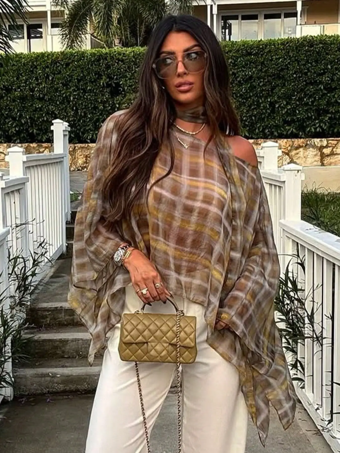 Women's Spring Summer Fashion Vibe Casual Loose Light Plaid Print Cape Top, One Shoulder Scarf Decorated Blouse, Vintage Versatile Vacation Style Shirt, Boho Style Shirt