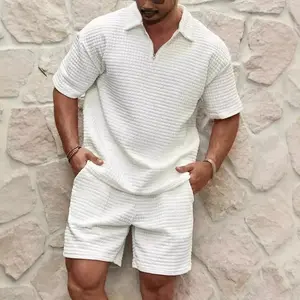 Summer Men's Set New Fashionable Style Simple Waffle Color Solid Color Collar Polo Shirt Short Sleeve Shorts Sports Set