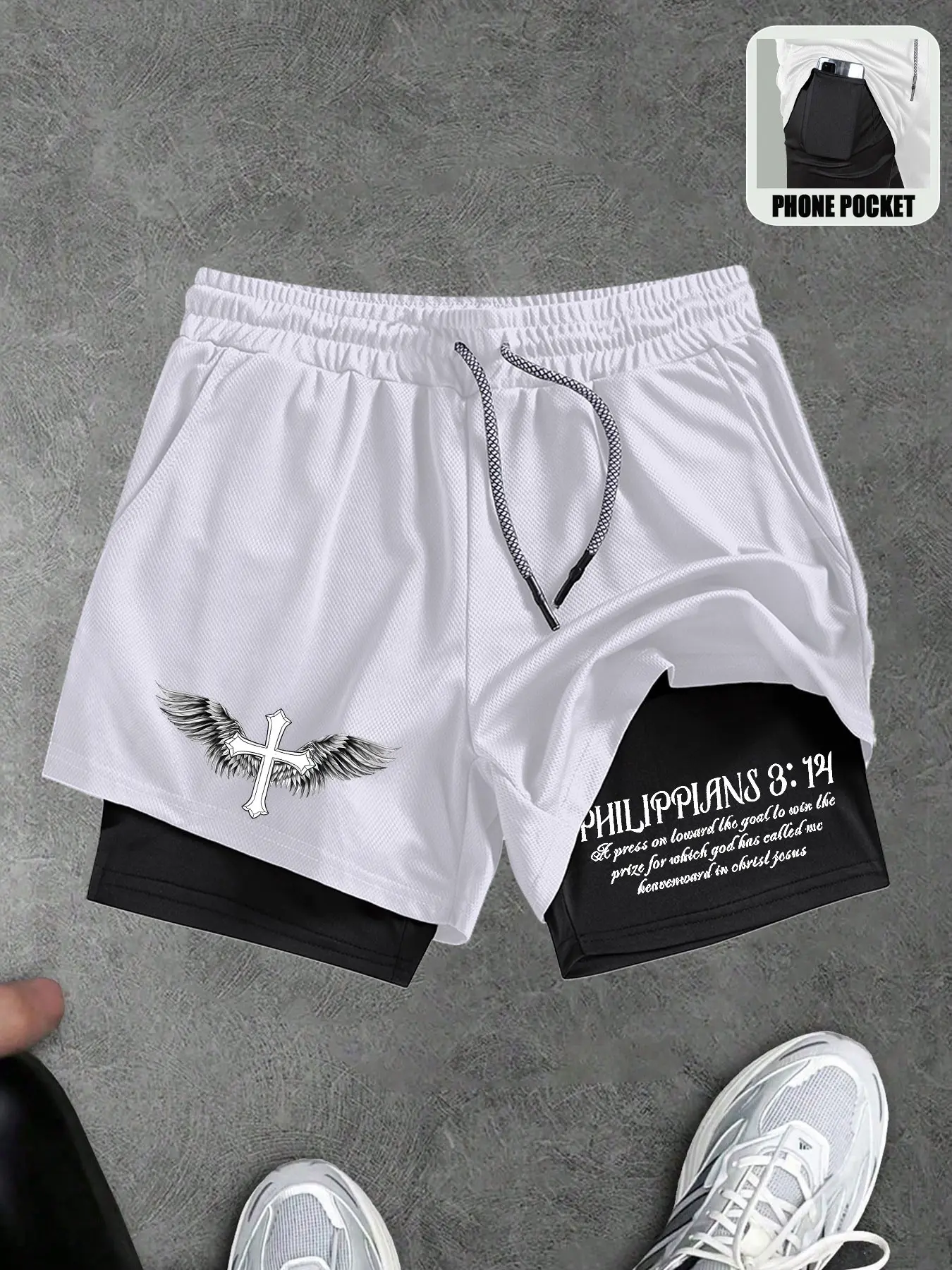 The Cross & God Graphic Fitness Workout Shorts, Unisex 2 In 1 Compression Shorts, Double Layer Shorts With Pockets, Compression Training Shorts, Quick Dry Running Basketball Shorts, Gym Shorts, Beach Shorts For Men