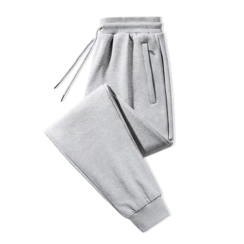 Men's Autumn Heather Grey Basic Casual Joggers, Elastic Drawstring Waistband, Hidden Side Zipper Pocket With Small Tab Detail, Ribbed Ankle Cuffs, Soft Thick Cotton Knit Sweat Pants For Workout, Campus And Urban Daily Outfits