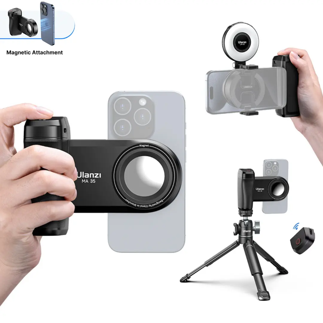 ULANZI Phone Camera Grip MA35, 2-in-1 Magnetic & Phone Clip Camera Grip Handle Holder with Detachable Remote Shutter with Cold Shoe Adapter for iPhone Samsung Smartphone, Vlog Selfie