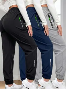 Set of 3 women’s summer cargo pants with zippered pockets, featuring a stylish large pocket design and an elastic waistband; casual outdoor/daily long slim-fit cuffed pants.