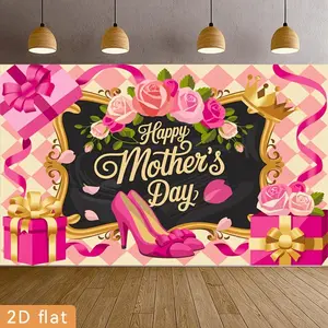 1pc Polyester 2D Flat Multicolor Pink-Red Roses Backdrop Banner with Golden Frame, Checkered Back & Blackboard Design, for Birthday, Wedding Decorations; Suitable for Garden Entrance Home Festive Supplies