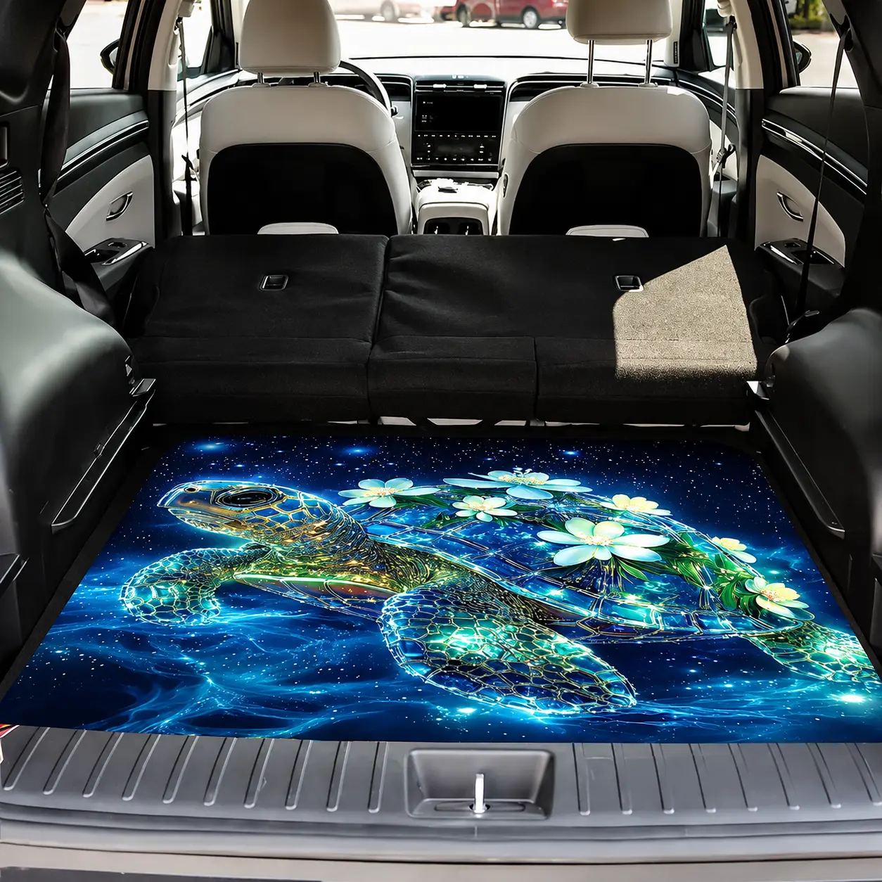 1 piece of dreamy sea turtle and lotus print polyester car trunk mat - soft, durable, non-slip, machine washable cargo mat for SUVs and cars, SUV trunk mat, easy-to-clean interior mat, stylish and simple design, keeps the interior clean and tidy