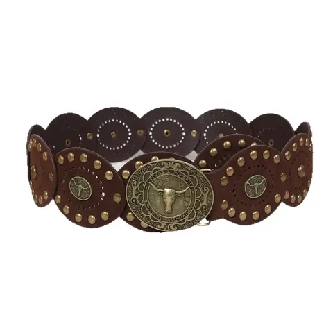 Women's Western Cowboy Style PU Leather Antique Copper Rivets Wide Belt, Bohemian Carved Bull Head Buckle, Cowgirl Boho Belt Pu Leather Belts