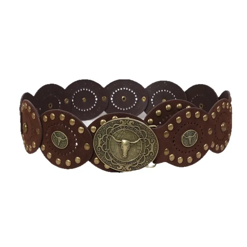 Women's Western Cowboy Style PU Leather Antique Copper Rivets Wide Belt, Bohemian Carved Bull Head Buckle, Cowgirl Boho Belt Pu Leather Belts